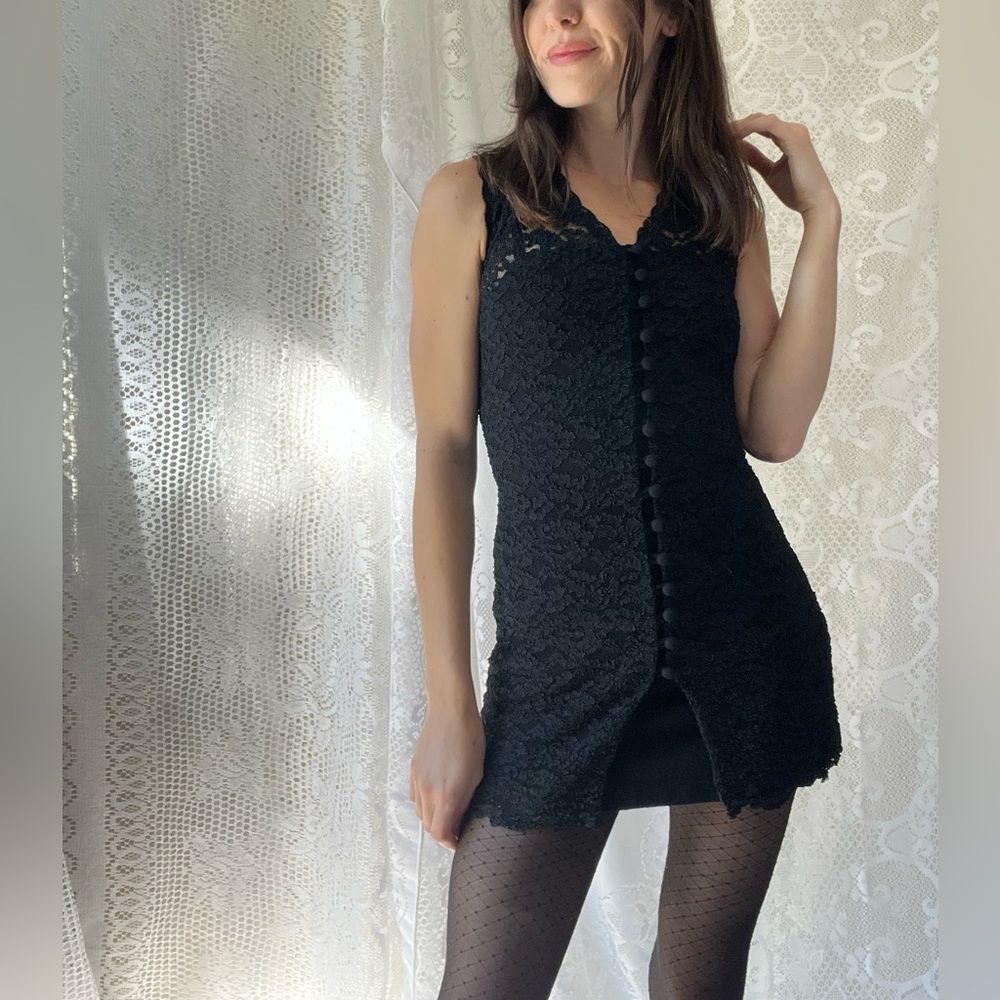 Vintage Laundry by Shelli Segal Black Lace Tunic Dress Button Front Size 4